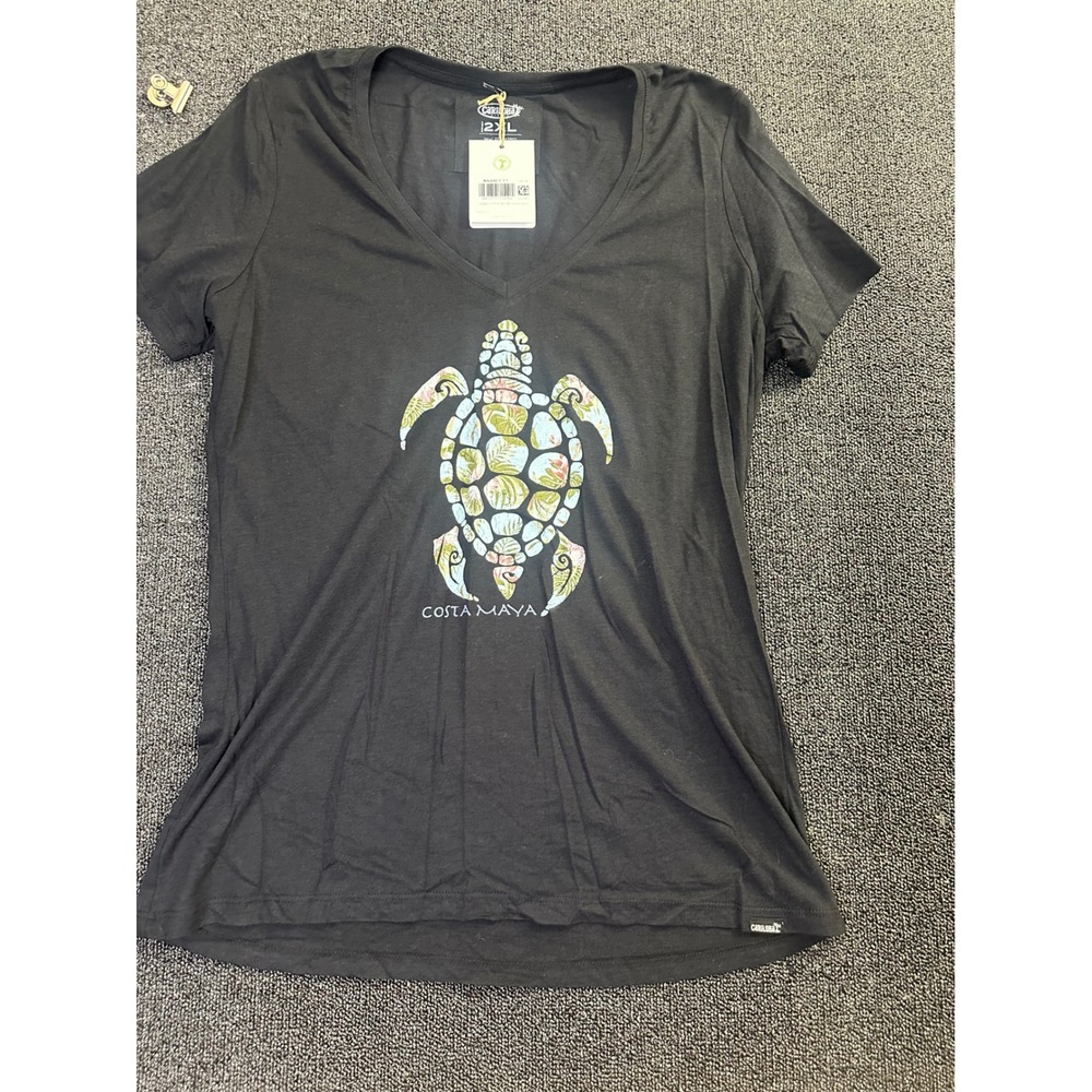 Cariloha Costa Maya Bamboo V-Neck Graphic Tee Black Sea Turtle WN48FFTT 2XL